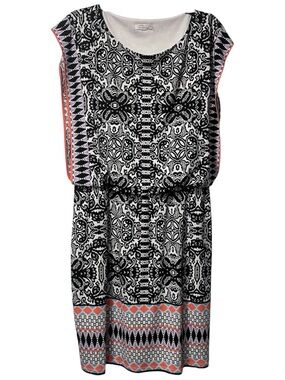 London Style Black White Printed Midi Dress Coral Accent Elastic Waist